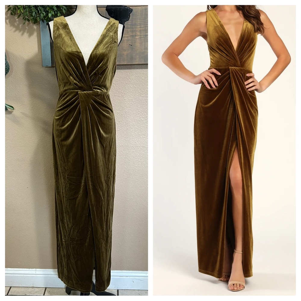 Lulu's Olive Green Velvet Maxi Dress with V-Neck